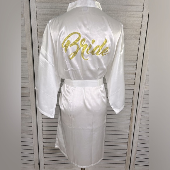 White Satin Bride Robe w Gold Lettering-Large - Picture 1 of 3